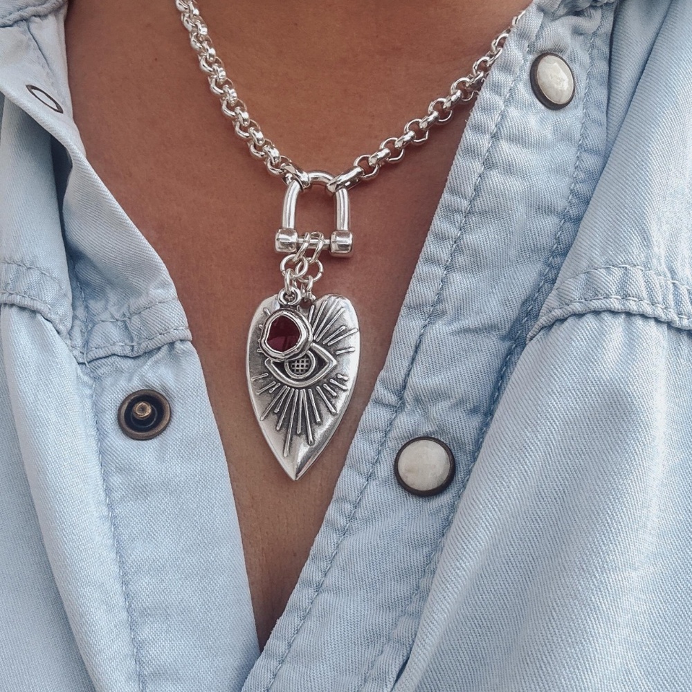 Aztec Mystical Heart Shackle Necklace - chunky silver chain evil eye pendant